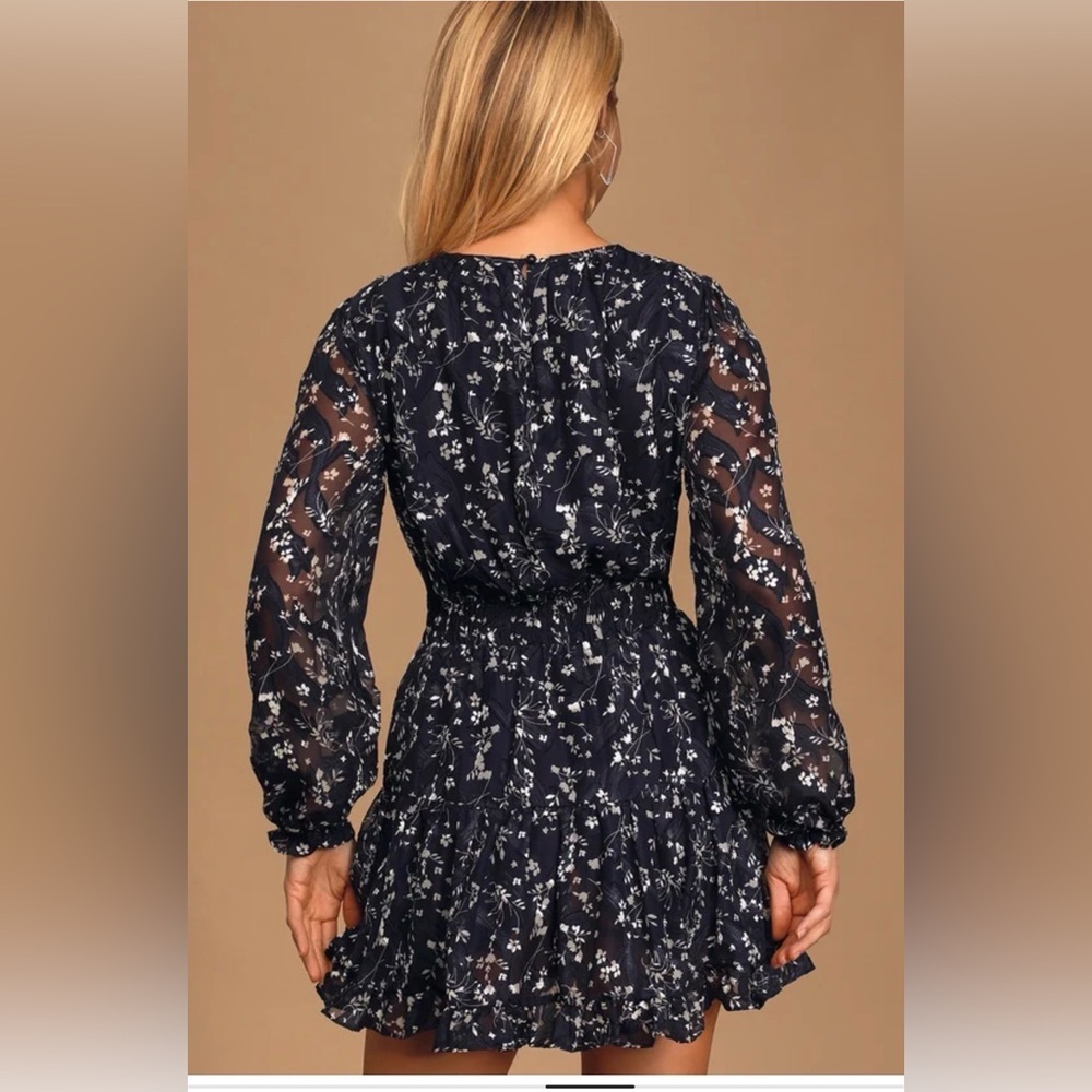 Lulu's Navy Floral Sheer-Sleeve Ruffle Mini Dress - Picture 2 of 5